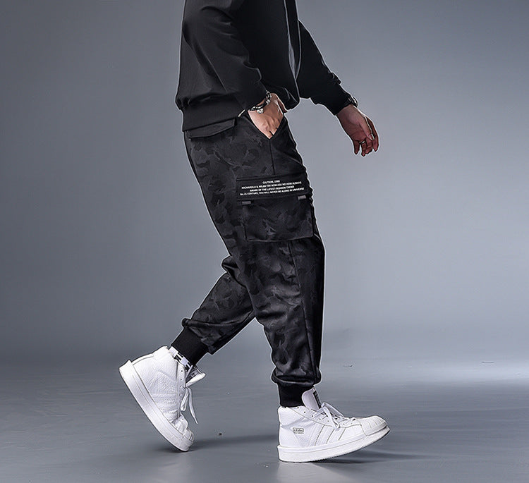 flat gray camouflage black pocket trousers