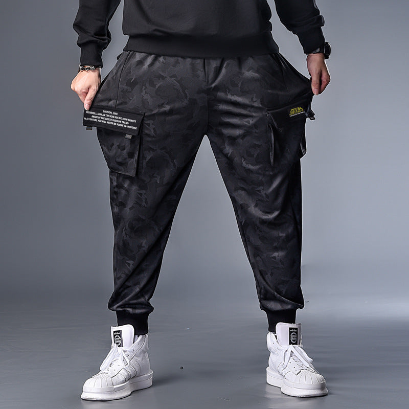 flat gray camouflage black pocket trousers