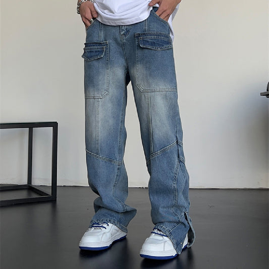 High Vintage Cargo Jeans Men's Summer Casual Breasted