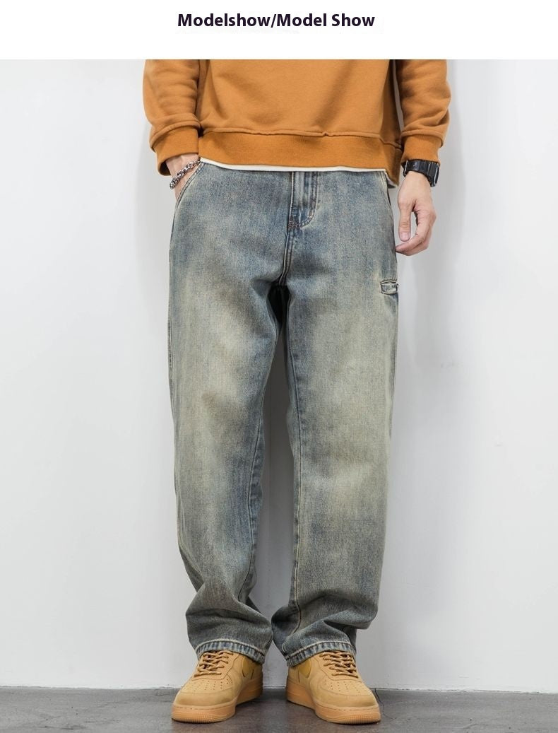 American Casual Yellow Mud Dyed Jeans Straight Loose