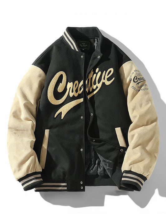 Vintage varsity jacket: suede, flocking design, unisex, stylish for couples.