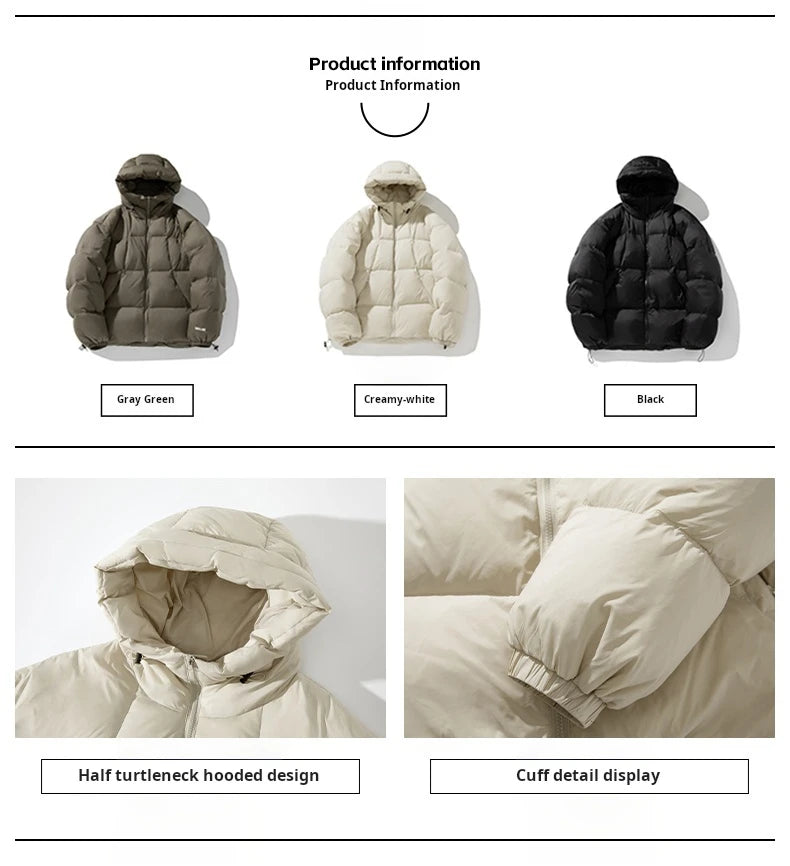 Men's winter down jacket: high quality, white duck down, lightweight, warm, waterproof, hooded.