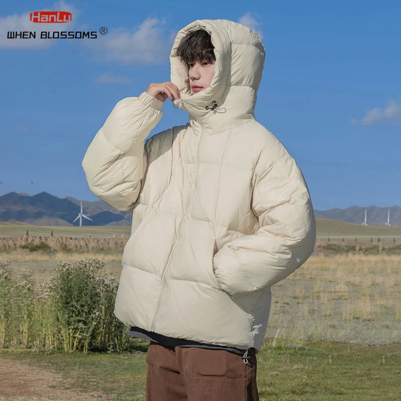 Men's winter down jacket: high quality, white duck down, lightweight, warm, waterproof, hooded.