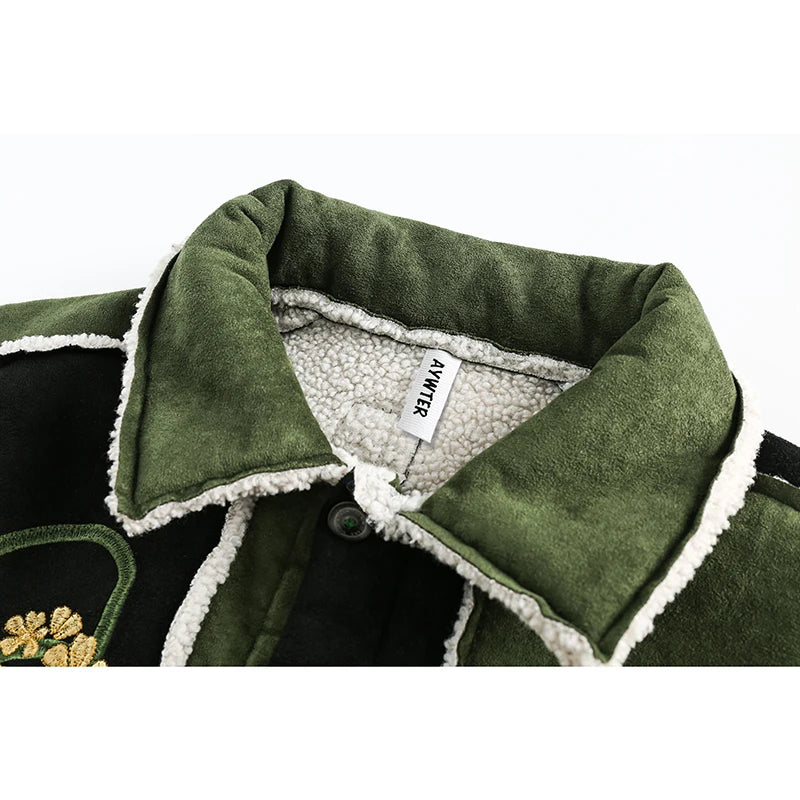 2024 men's cotton-padded jacket: embroidered, patchwork, suede, thickened winter parka.