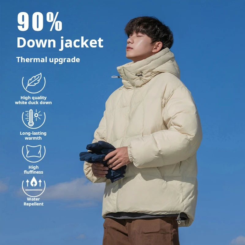 Men's winter down jacket: high quality, white duck down, lightweight, warm, waterproof, hooded.