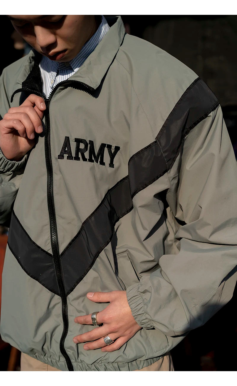 Oversized US Army PT jacket: reflective, windproof, rainproof, gym, sportswear.