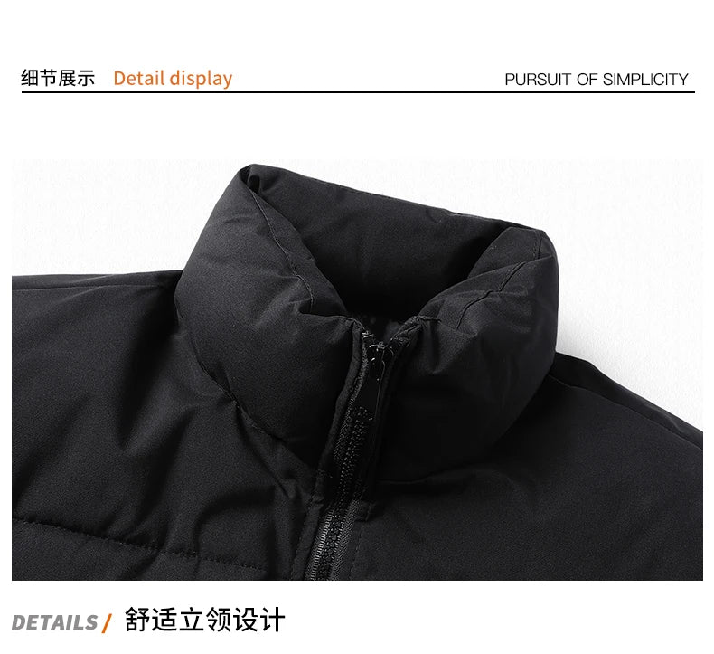 Men's winter parka with stand collar, thick warm design, solid color, casual style, zipper closure.