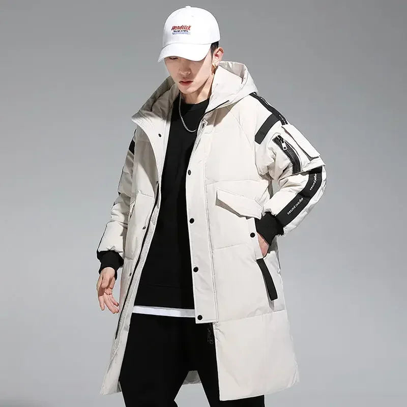 Men's hooded parka: over-the-knee, thickened, zipper, button, white duck down, winter jacket.