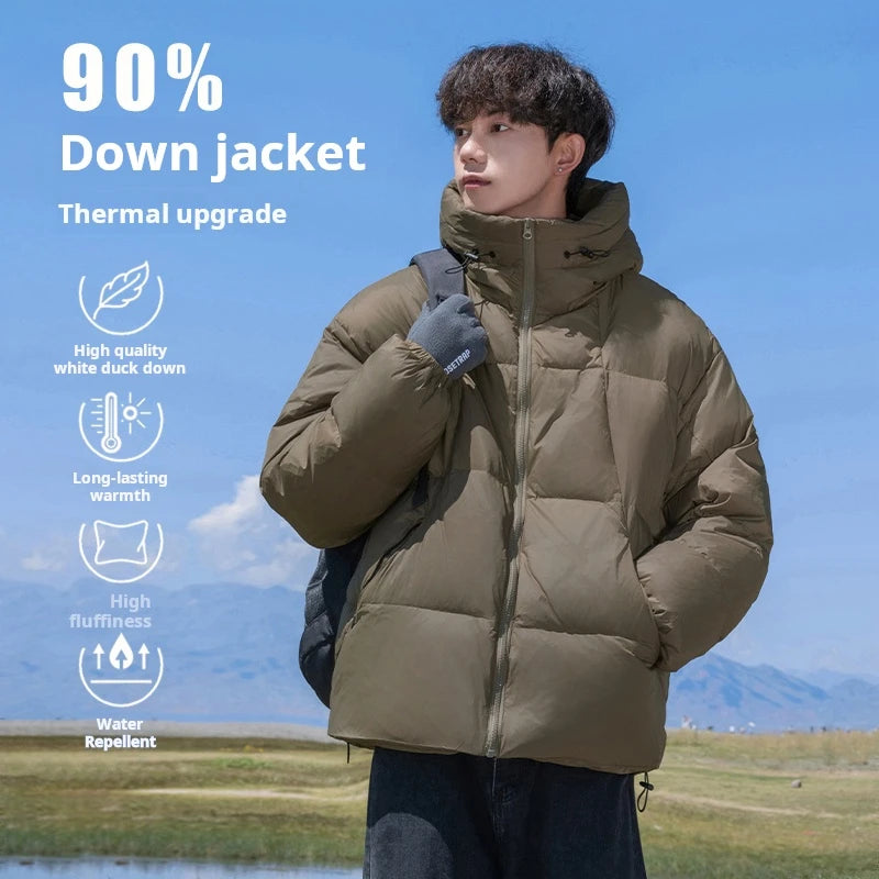 Men's winter down jacket: high quality, white duck down, lightweight, warm, waterproof, hooded.