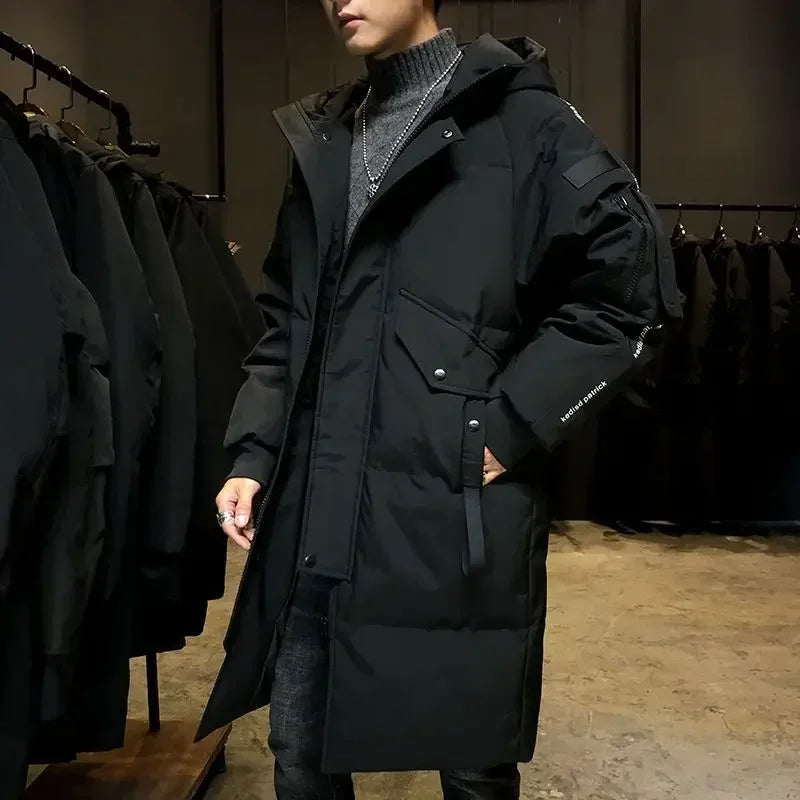 Men's hooded parka: over-the-knee, thickened, zipper, button, white duck down, winter jacket.