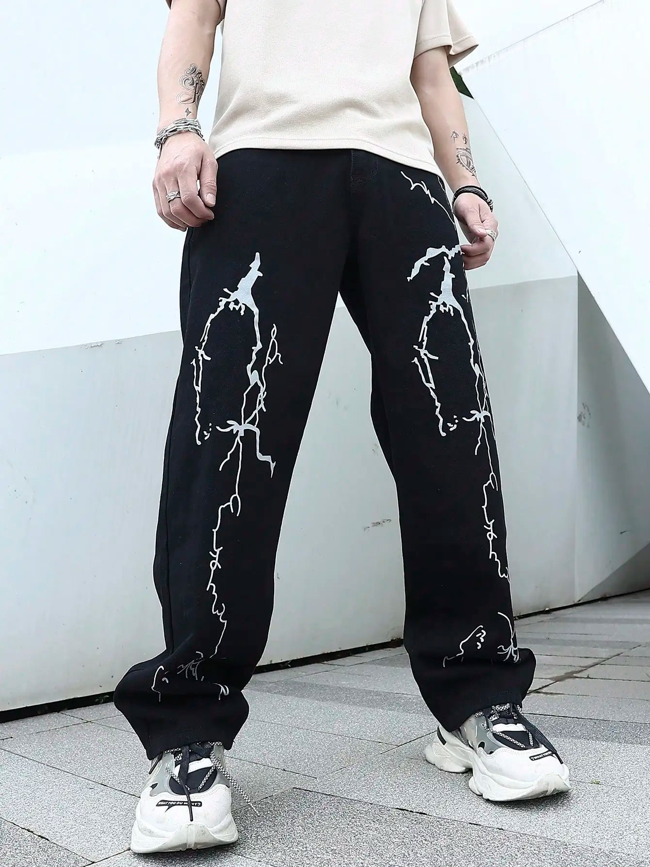 Men's Graffiti Printing Gradient Hip Hop Denim Jeans - Loose Fit Casual Ankle Banded Pants