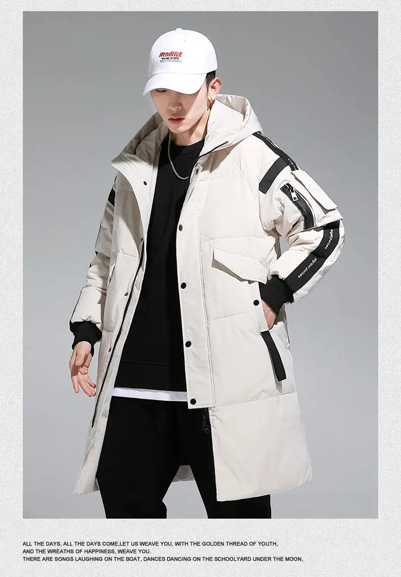 Men's hooded parka: over-the-knee, thickened, zipper, button, white duck down, winter jacket.