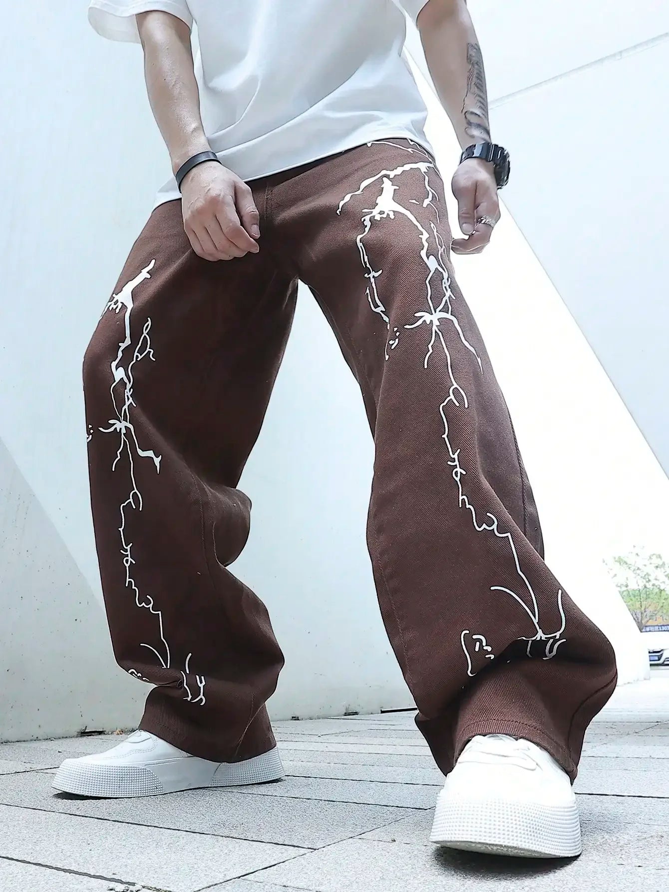 Men's Graffiti Printing Gradient Hip Hop Denim Jeans - Loose Fit Casual Ankle Banded Pants